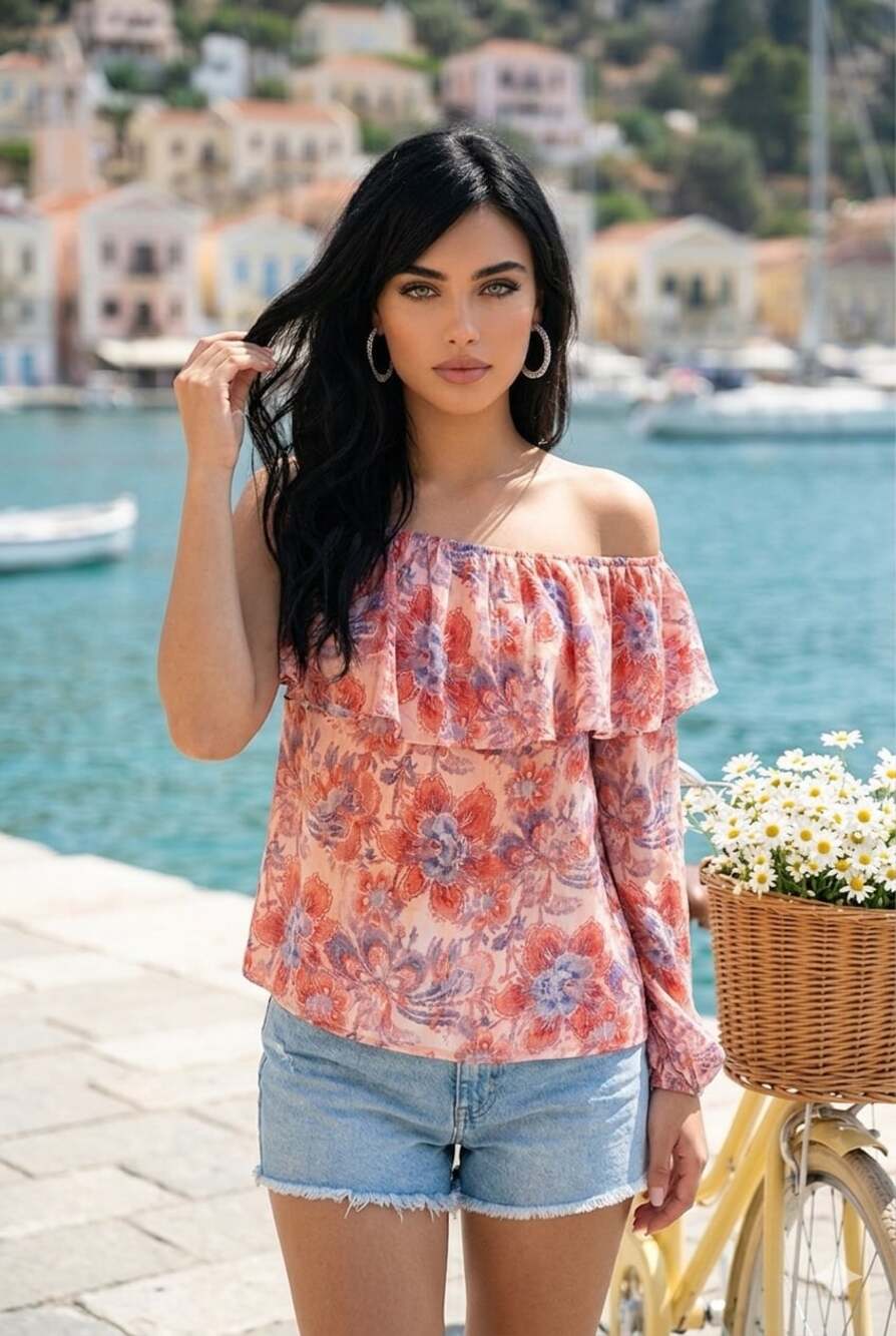 Belle Sky Ruffle Floral One-Shoulder Long Puff Sleeve Blouse Top